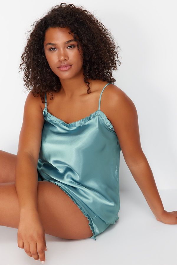 Trendyol Trendyol Curve Petroleum Ruffle Detailed Satin Woven Pajamas Set