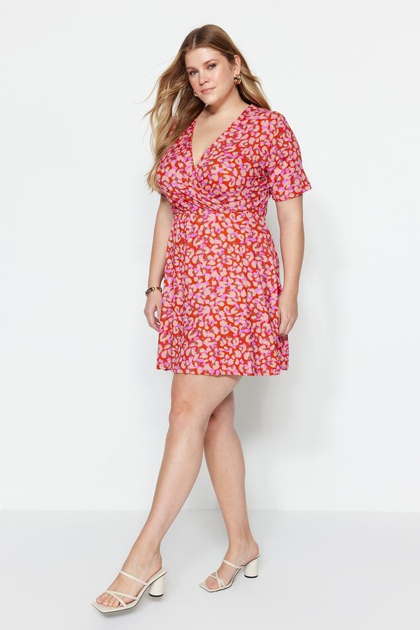 Trendyol Trendyol Curve Pink Animal Patterned Double-breasted Knitted Dress