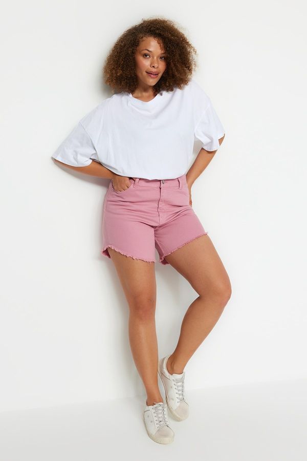 Trendyol Trendyol Curve Pink Flexible Skinny Denim Shorts &; Bermuda With Tassels on the Legs