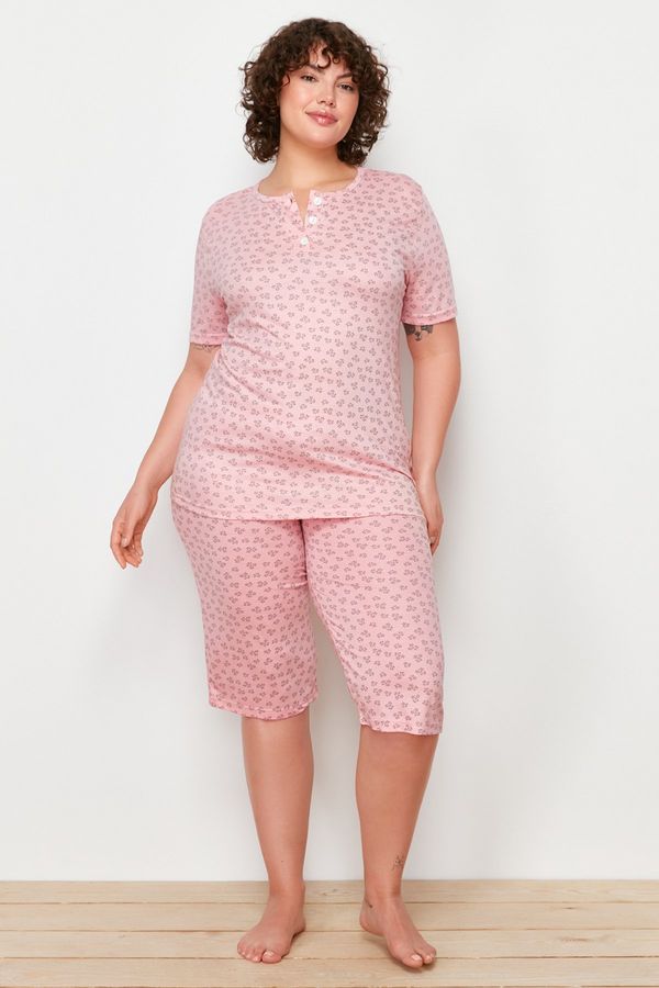 Trendyol Trendyol Curve Pink Floral Pattern Capri Knitted Pajamas Set