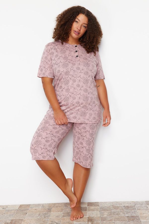 Trendyol Trendyol Curve Pink Floral Pattern Capri Knitted Pajamas Set