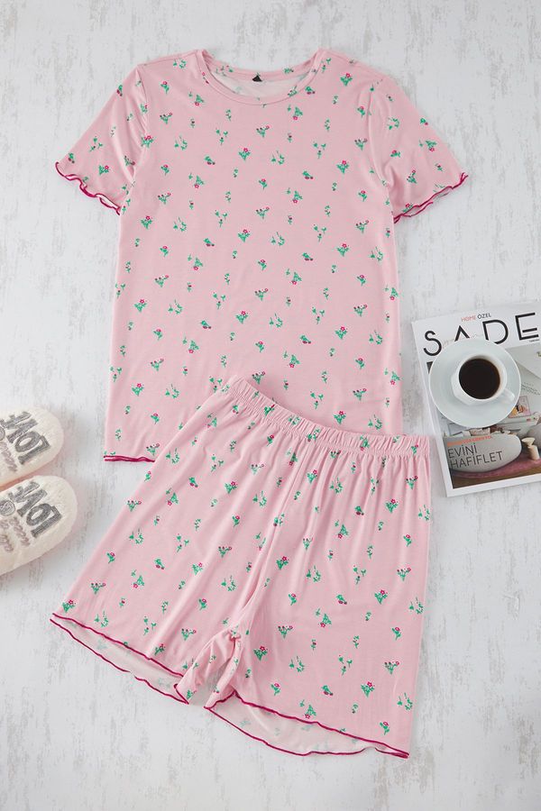 Trendyol Trendyol Curve Pink Floral Patterned Knitted Pajama Set