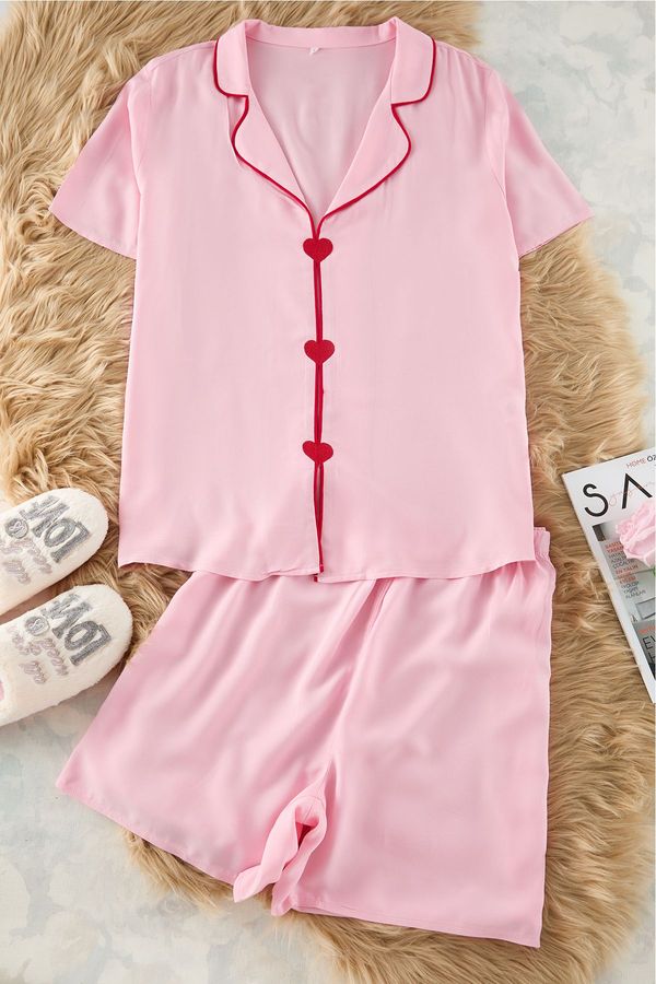 Trendyol Trendyol Curve Pink Heart Embroidery and Piping Detail Viscose Woven Pajama Set
