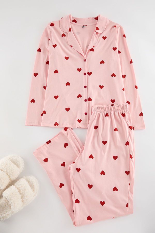 Trendyol Trendyol Curve Pink Heart Shirt Collar Knitted Pajama Set