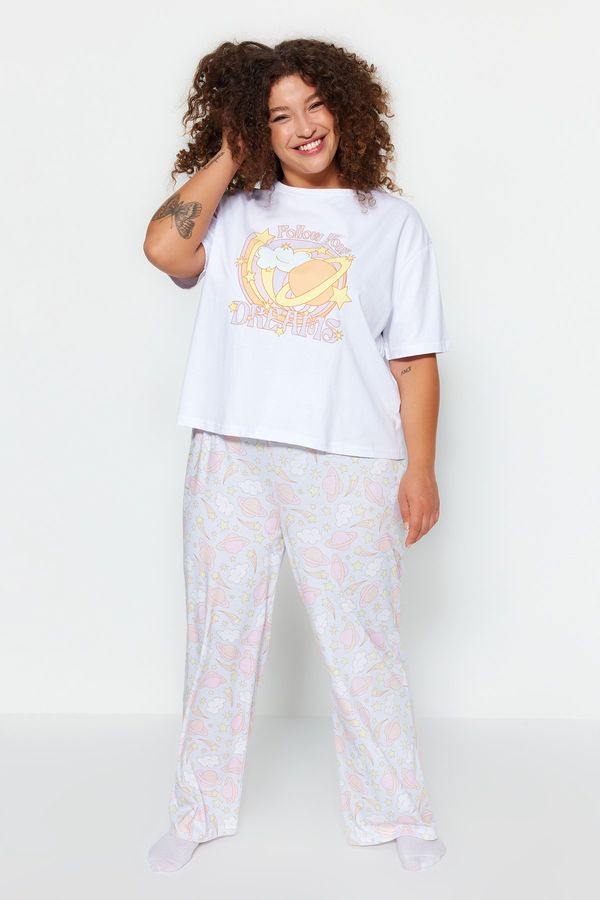 Trendyol Trendyol Curve Pink Printed Knitted Pajamas Set