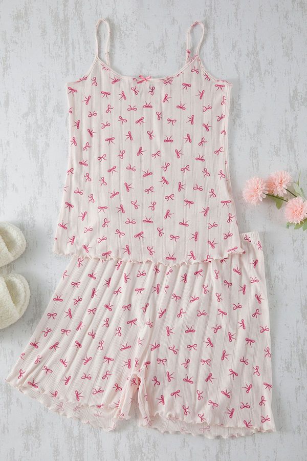 Trendyol Trendyol Curve Pink Ribbon/Bow Patterned Pointel Openwork/Hole Knitted Pajama Set