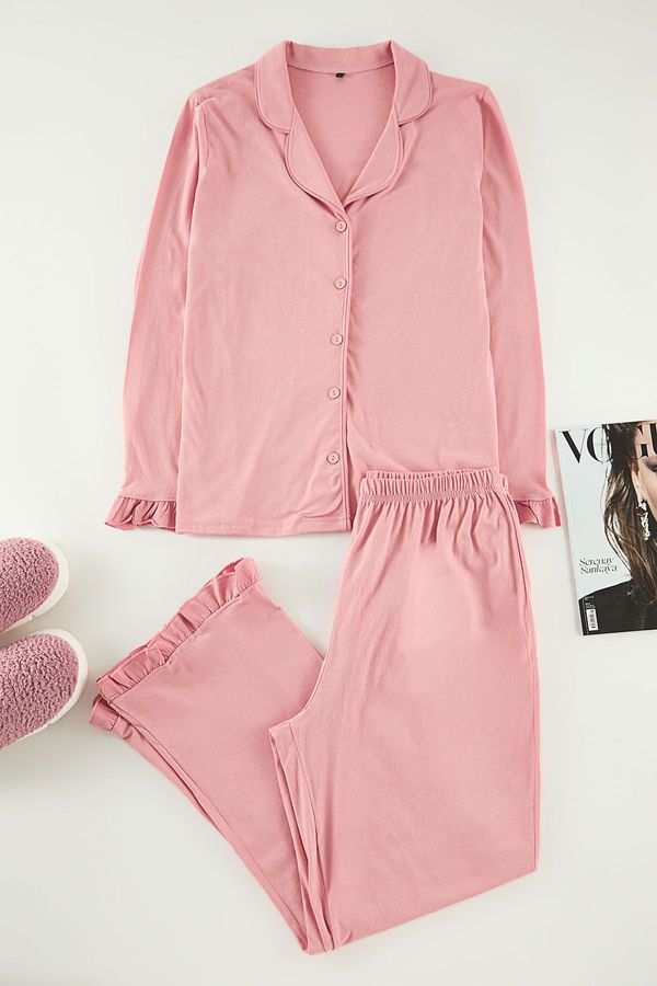 Trendyol Trendyol Curve Pink Shirt Collar Flounce Detailed Knitted Pajama Set