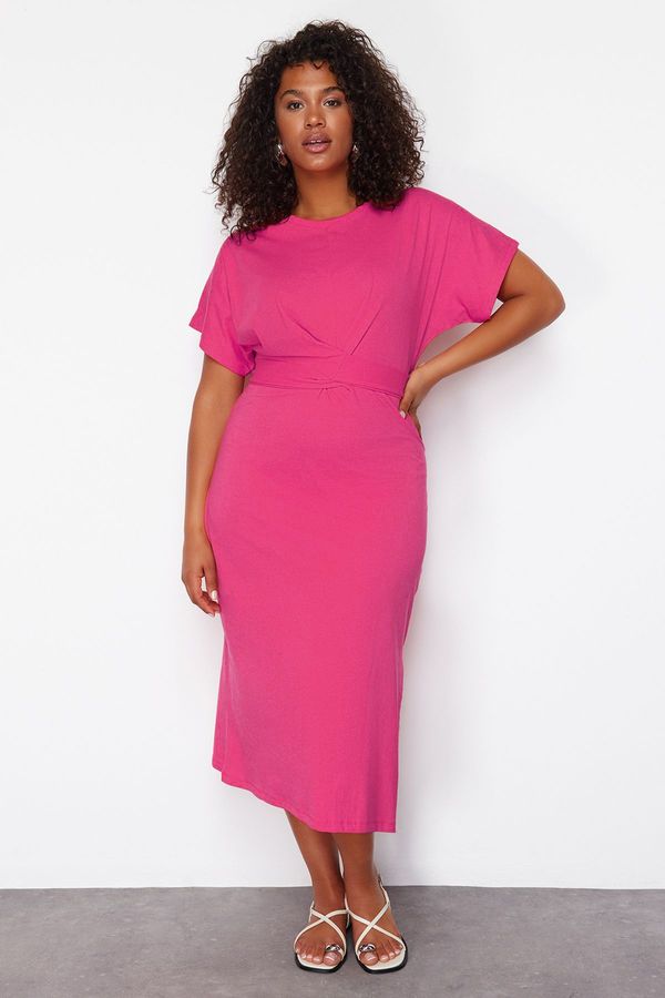 Trendyol Trendyol Curve Pink Straight Cut Tie Detail With Slits Maxi/Long 100% Cotton Knitted Plus Size Dress