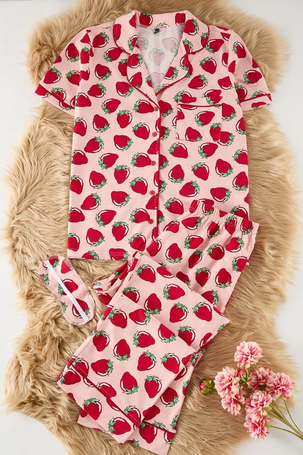 Trendyol Trendyol Curve Pink Strawberry Patterned Piping Detailed Sleep Band Knitted Pajama Set