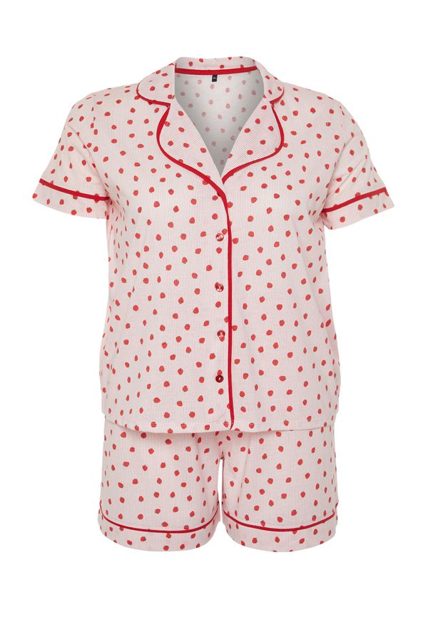 Trendyol Trendyol Curve Pink Strawberry Patterned Shirt Collar Knitted Pajamas Set