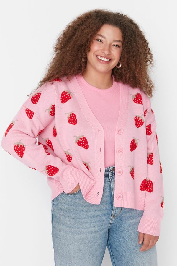 Trendyol Trendyol Curve Pink Strawberry Patterned V-Neck Crop Knitwear Cardigan