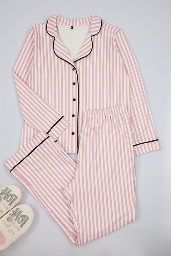 Trendyol Trendyol Curve Pink Stripe Patterned Piped Fleece Lined Shirt-Pants Knitted Pajama Set