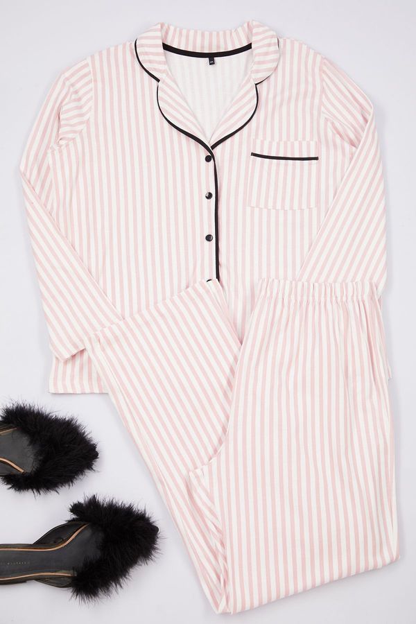 Trendyol Trendyol Curve Pink Striped Shirt Collar Piping Knitted Pajama Set