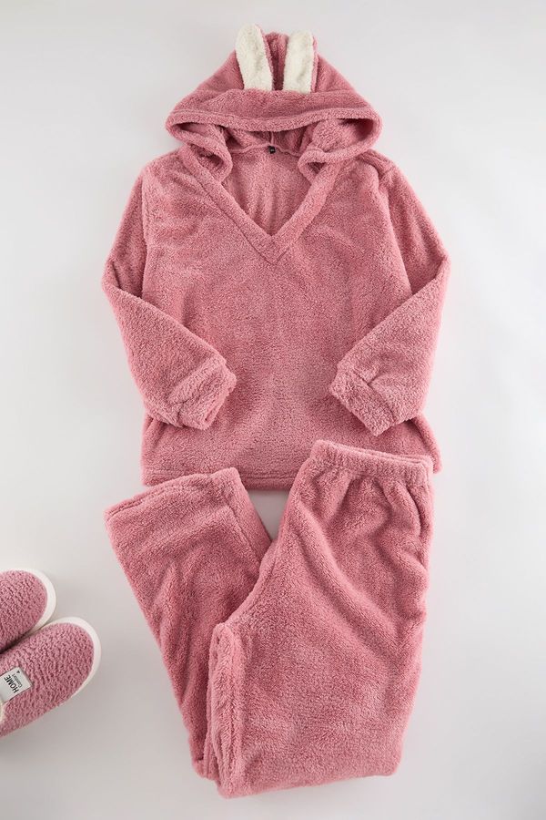 Trendyol Trendyol Curve Pink Wellsoft/Plush Hooded Ear Detailed Knitted Pajama Set