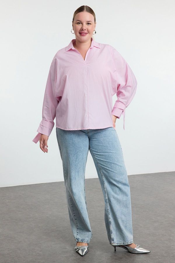 Trendyol Trendyol Curve Pink-White Striped Basic Long Sleeve Elastic Back Woven Plus Size Blouse