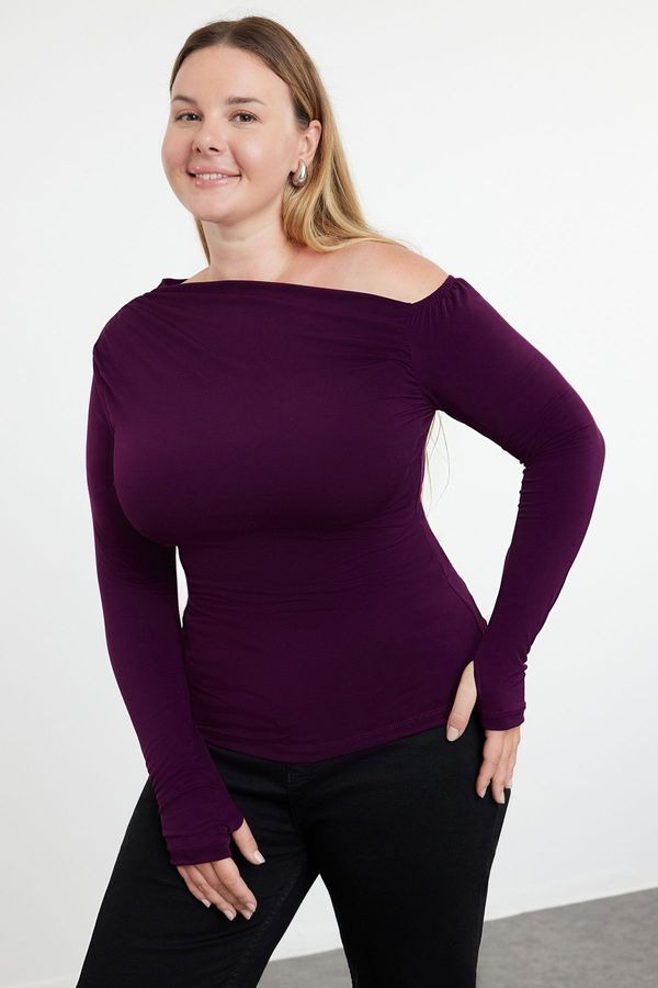 Trendyol Trendyol Curve Plum Gathered One Shoulder Knitted Plus Size Blouse