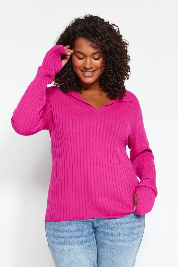 Trendyol Trendyol Curve Polo Neck Knitwear Sweater With Fuchsia Sleeves Detailed