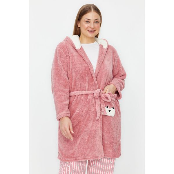 Trendyol Trendyol Curve Powder Animal Figured Hooded Wellsoft Knitted Dressing Gown with Pockets