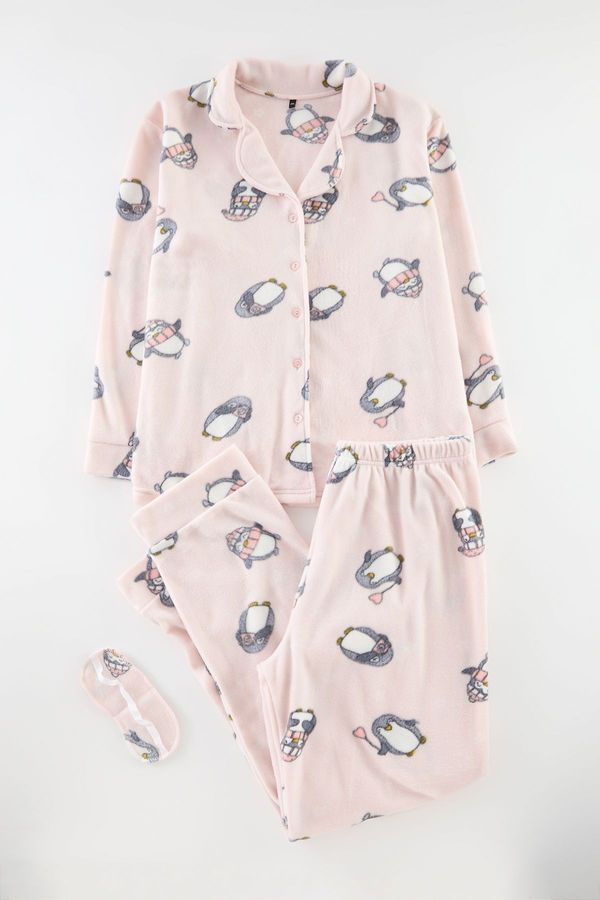 Trendyol Trendyol Curve Powder Penguin Patterned Shirt Collar Knitted Pajama Set