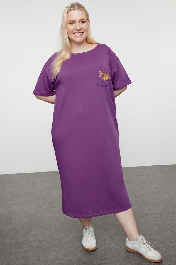 Trendyol Trendyol Curve Purple Embroidered Relaxed/Casual Cut Crew Neck Midi Knitted Dress