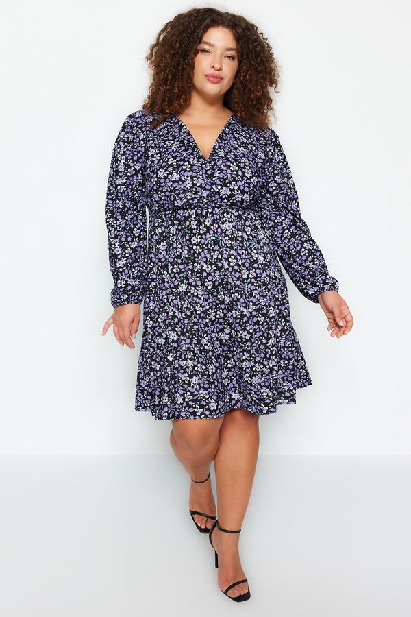 Trendyol Trendyol Curve Purple Floral Patterned A-line Mini Knitted Dress Plus Size Dress