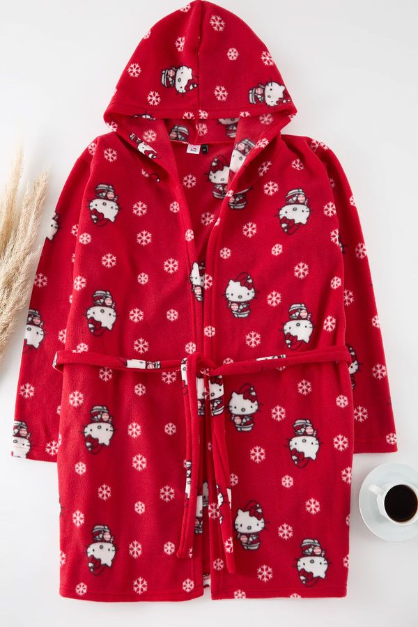 Trendyol Trendyol Curve Red Hello Kitty Licensed Hooded Fleece Knitted Dressing Gown