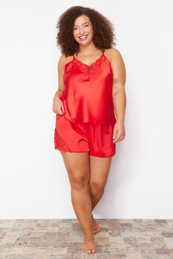 Trendyol Trendyol Curve Red Lace Detailed Satin Woven Pajamas Set