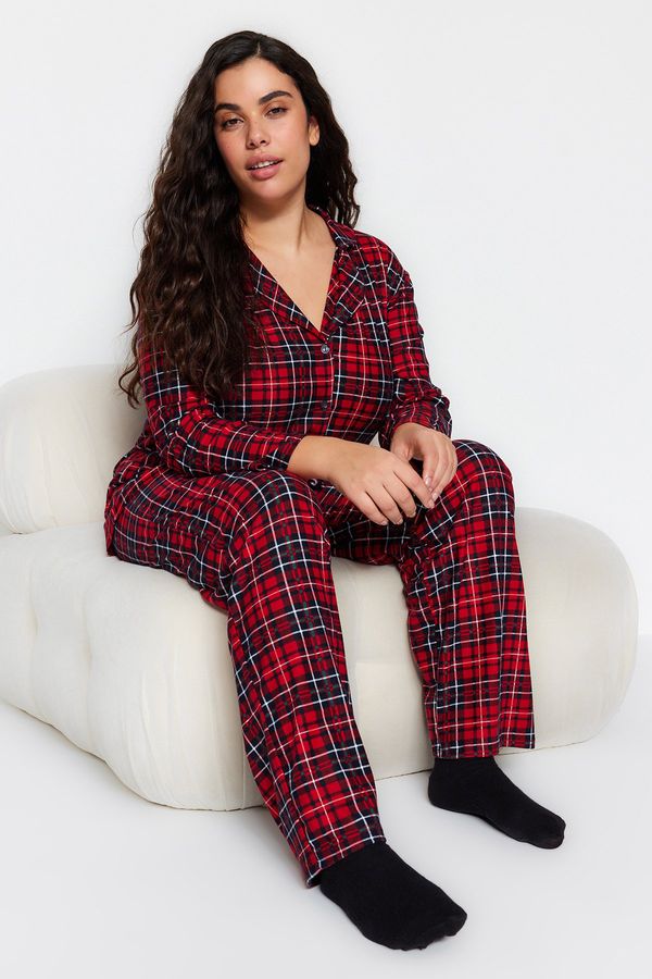 Trendyol Trendyol Curve Red Plaid Shirt Collar Soft Toe Knitted Pajama Set