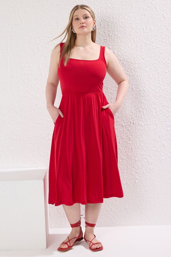 Trendyol Trendyol Curve Red Square Neck A-line Knitted Plus Size Dress