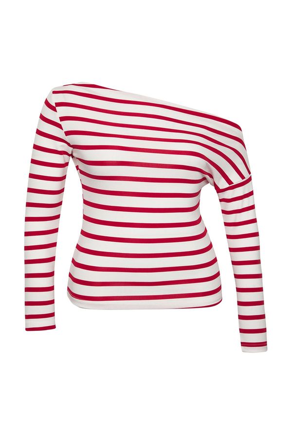 Trendyol Trendyol Curve Red-White Rib/Camisole Knitted Plus Size Blouse