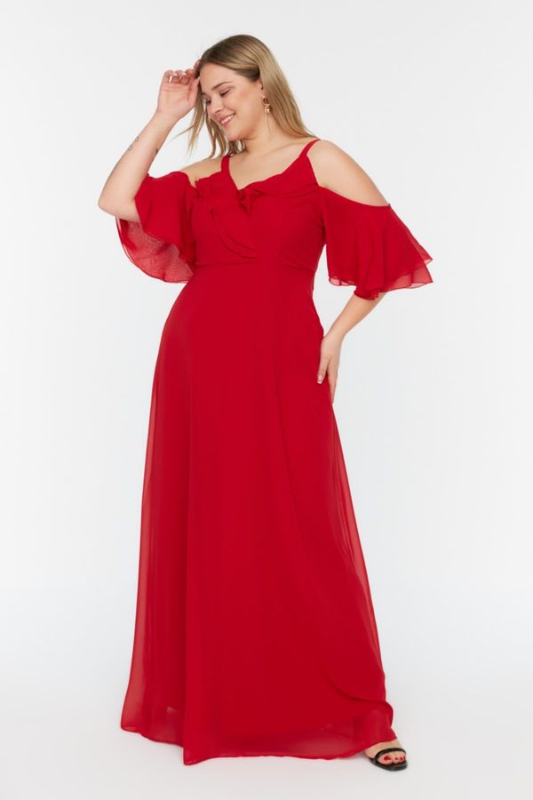 Trendyol Trendyol Curve Red Woven Double Breasted Chiffon Evening Dress