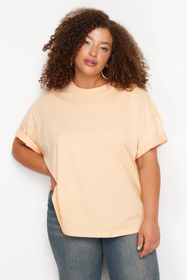 Trendyol Trendyol Curve Salmon Collar Ribbed Wide Pattern Basic 100% Cotton Knitted T-shirt