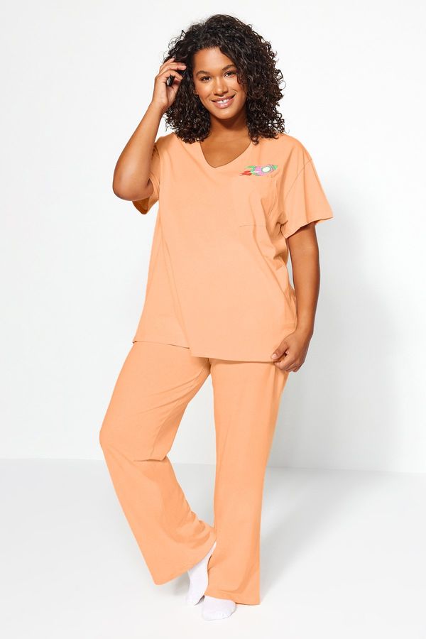 Trendyol Trendyol Curve Salmon Printed Pocket Detailed Knitted Pajama Set