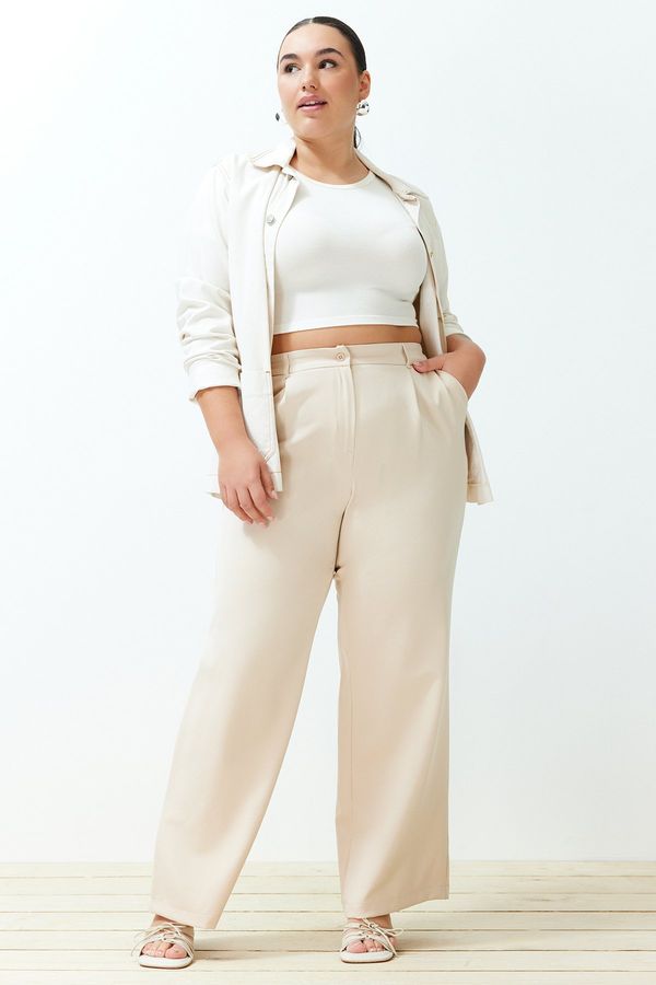 Trendyol Trendyol Curve Stone High Waist Wide Leg Wide Leg Pleated Woven Fabric Trousers