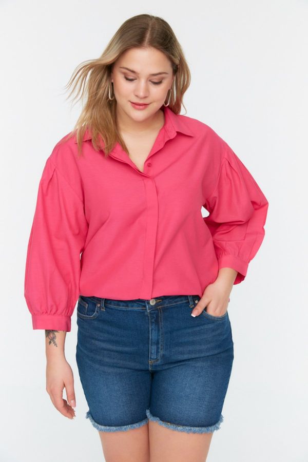 Trendyol Trendyol Curve Weave Fuchsia Sleeve Detailed Poplin Shirt