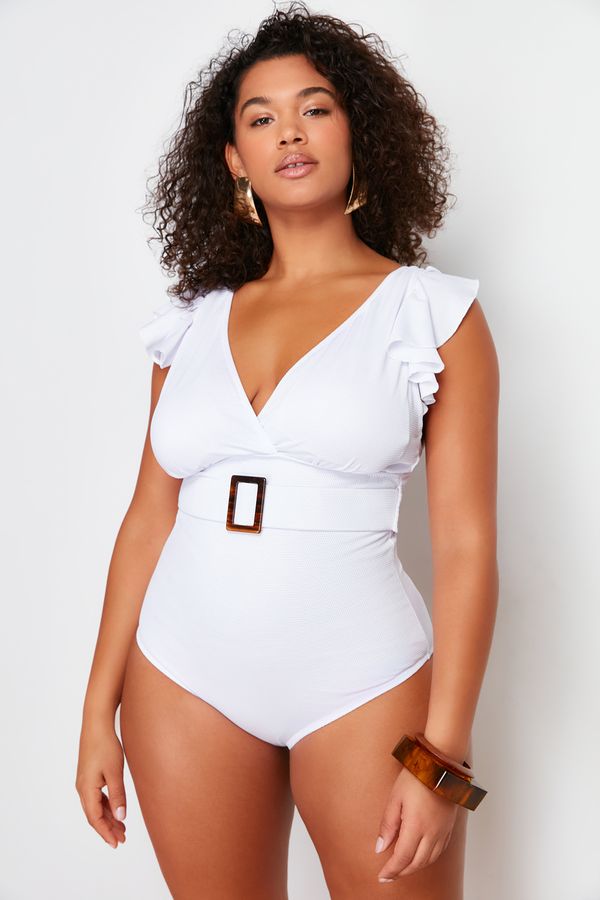 Trendyol Trendyol Curve White Deep V Belted Bridal Knitted Swimsuit with Recovery Effect