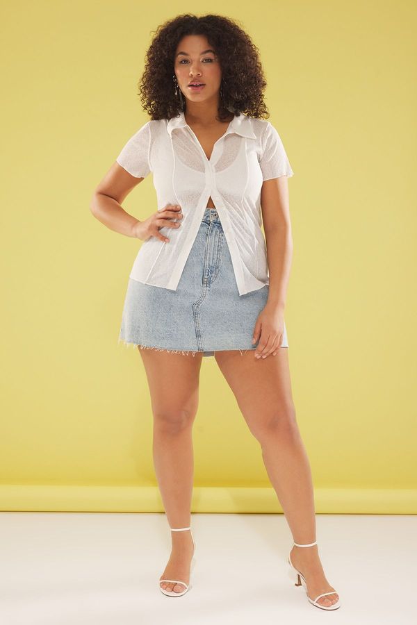 Trendyol Trendyol Curve White Foam Knit Plus Size Blouse