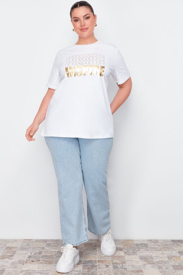 Trendyol Trendyol Curve White Gold Metal Printed Boyfriend Knitted T-shirt