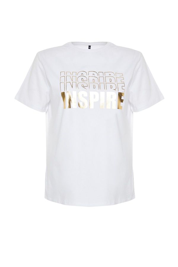 Trendyol Trendyol Curve White Gold Metal Printed Boyfriend Knitted T-shirt