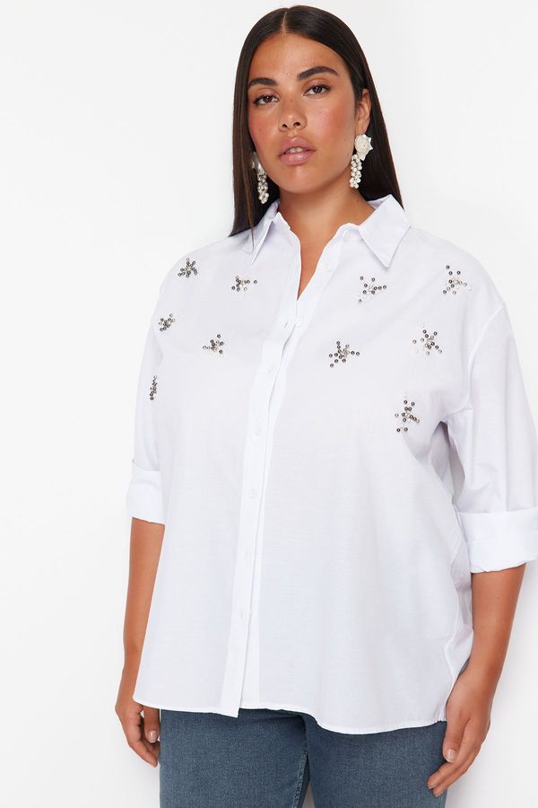 Trendyol Trendyol Curve White Large Size Stone Embroidered Poplin Woven Shirt