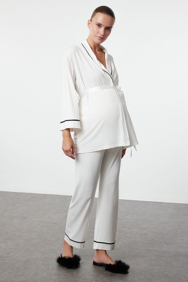 Trendyol Trendyol Curve White Piping and Belted Knitted Maternity & Postpartum Pajama Set