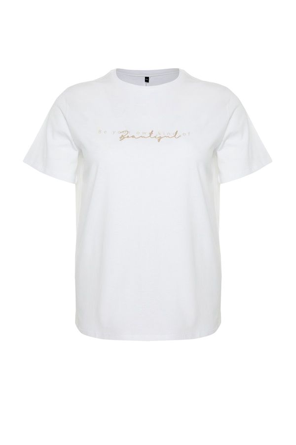 Trendyol Trendyol Curve White Print and Embroidery Detailed Boyfriend Knitted T-shirt