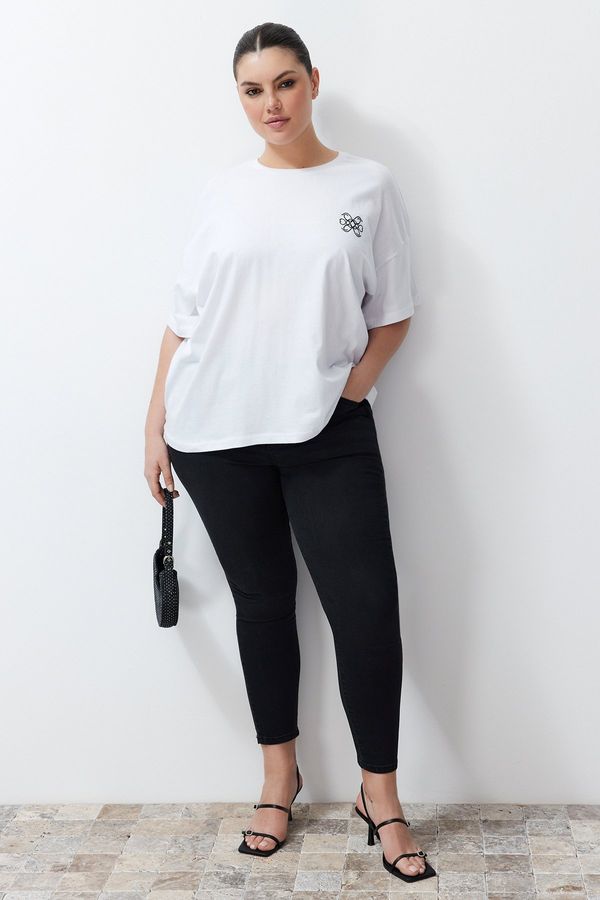 Trendyol Trendyol Curve White Print Detailed Oversize Knitted T-shirt