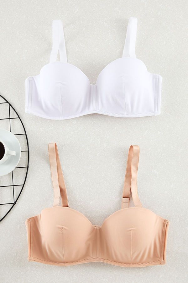 Trendyol Trendyol Curve White-Skin 2-Pack Thick Detachable Straps Non-Padded Full Cup Balconette Bra