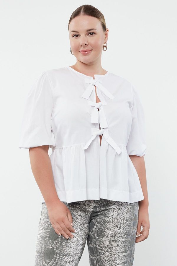 Trendyol Trendyol Curve White Women's Bow/Lace Woven Plus Size Blouse