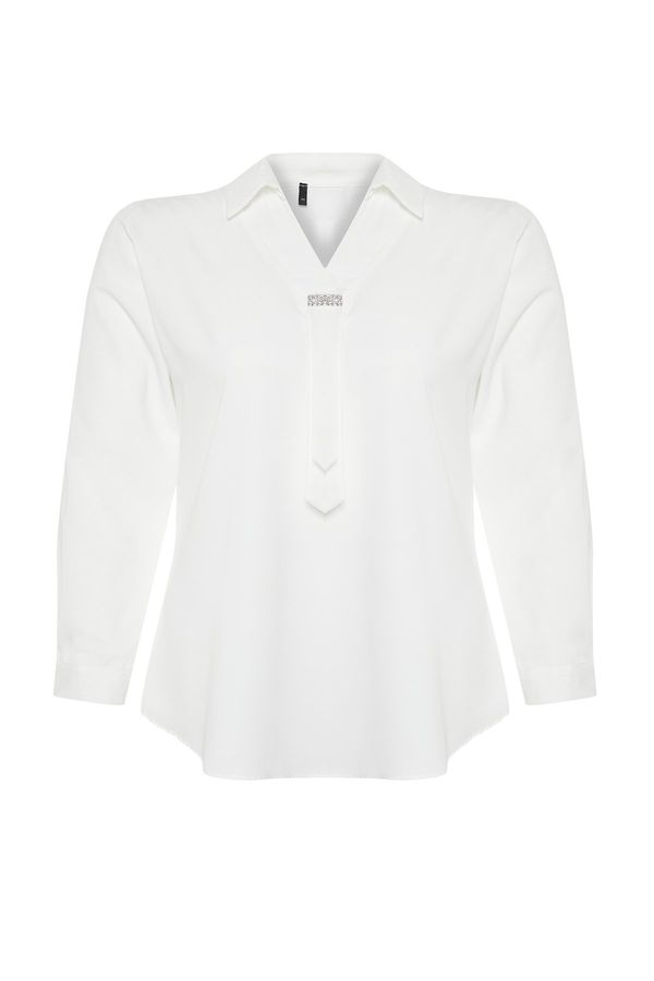 Trendyol Trendyol Curve White Woven Plus Size Stone Shirt Collar Blouse