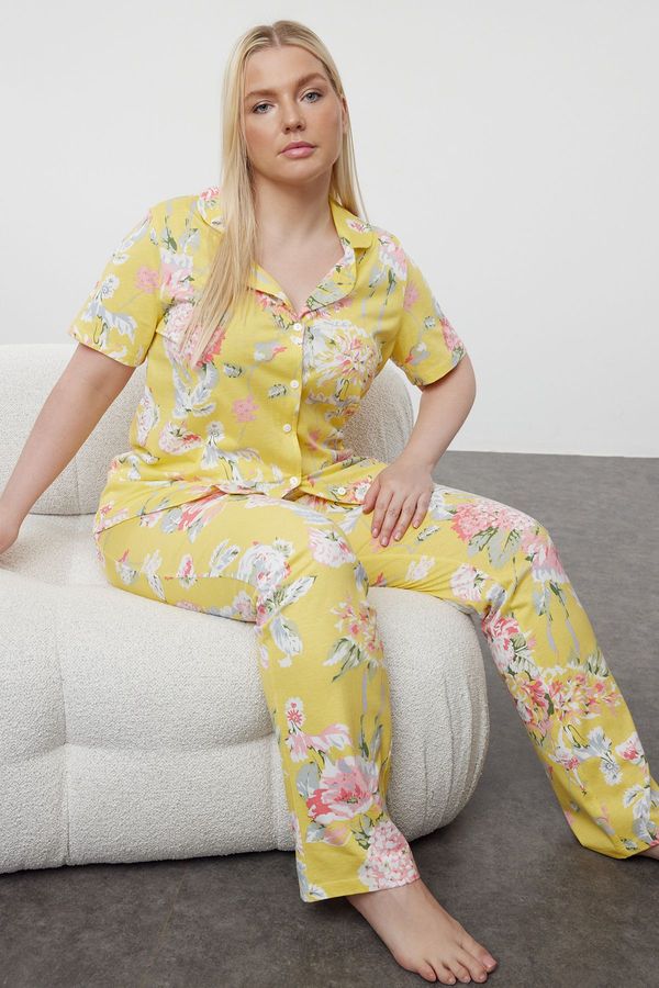 Trendyol Trendyol Curve Yellow Flower Patterned Shirt Collar Knitted Pajama Set