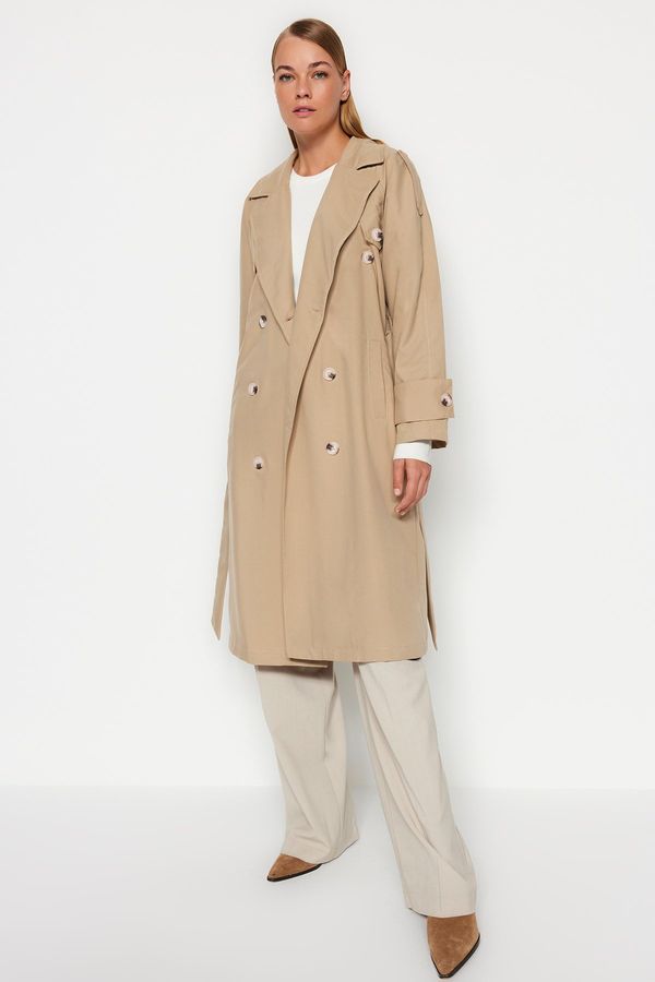 Trendyol Trendyol Dark Beige Belted Button Detailed Trench Coat