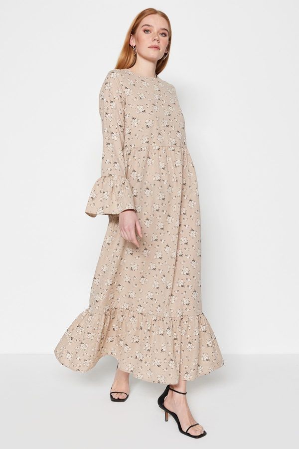 Trendyol Trendyol Dark Beige Floral Patterned Woven Cotton Dress with Flounce Detail on the Sleeves