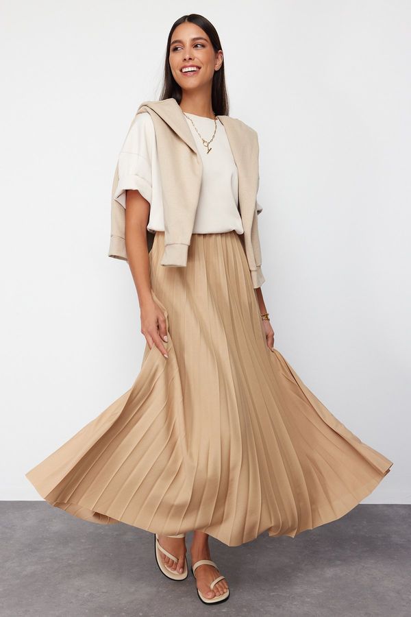 Trendyol Trendyol Dark Beige Pleated Knitted Long Skirt